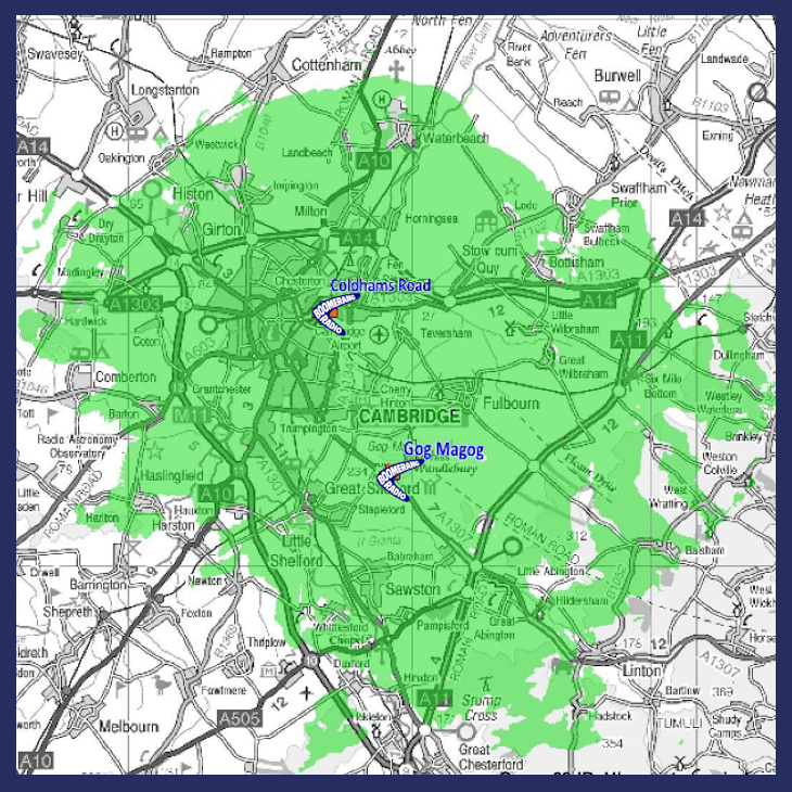 Coverage map of the Cambridge 2 SSDAB Digital Radio multiplex where you can listen to Boomerang Radio.