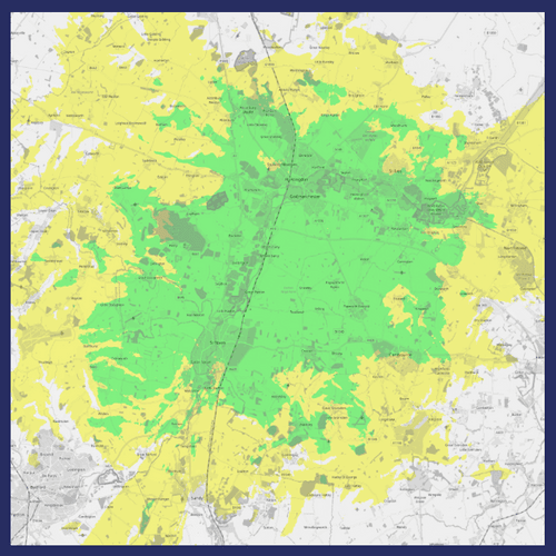 Coverage map of the Huntingdon SSDAB Digital Radio multiplex where you can listen to Boomerang Radio.