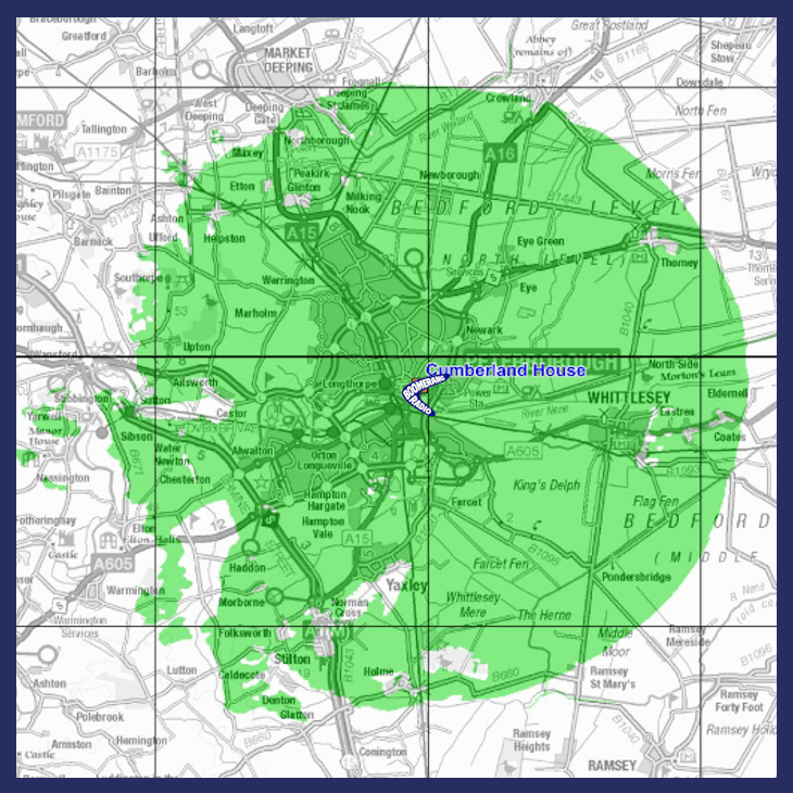 Coverage map of the Peterborough 2 SSDAB Digital Radio multiplex where you can listen to Boomerang Radio.
